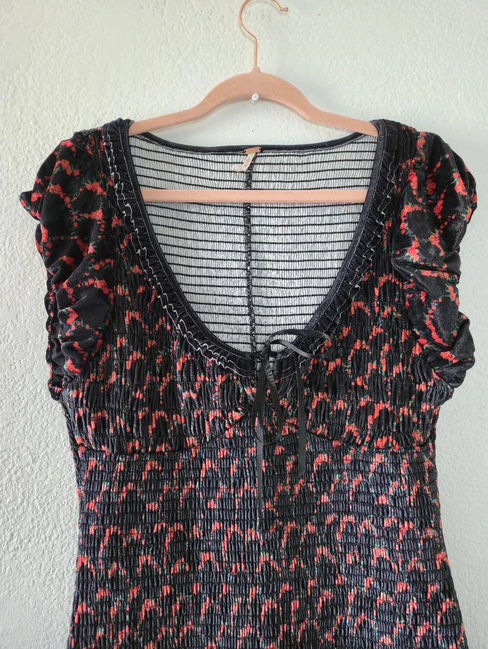 Free People McKenna V Neck Smocked Black & Red Velvet Bodycon Maxi Black Medium
